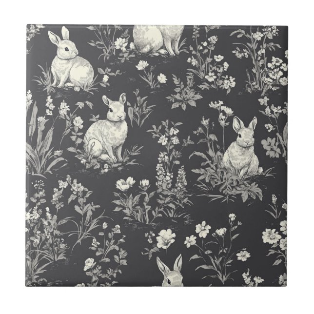 Carreau Motif Toile Botanique de Lapin Noir Rustique (Devant)