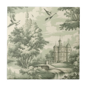 Carreau Motif Toile de Jouy Vert Scénique Historique Franç