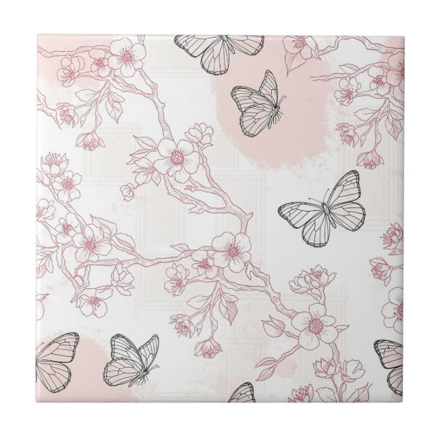 Carreau Motif toile de Jouy vintage papillon botanique (8) (Devant)