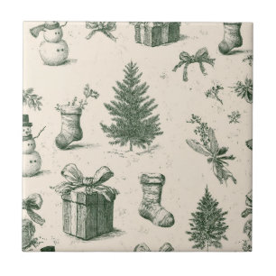 Carreau Motif toile de Noël vintage vert forêt crème