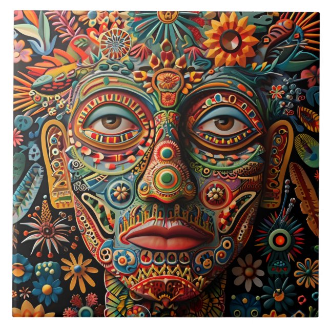 Carreau Motif tribal Abstrait et dynamique de Huichol (Devant)