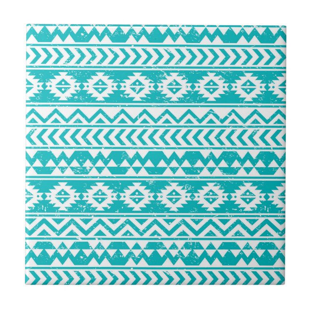 Carreau Motif tribal aztèque grunge turquoise (Devant)