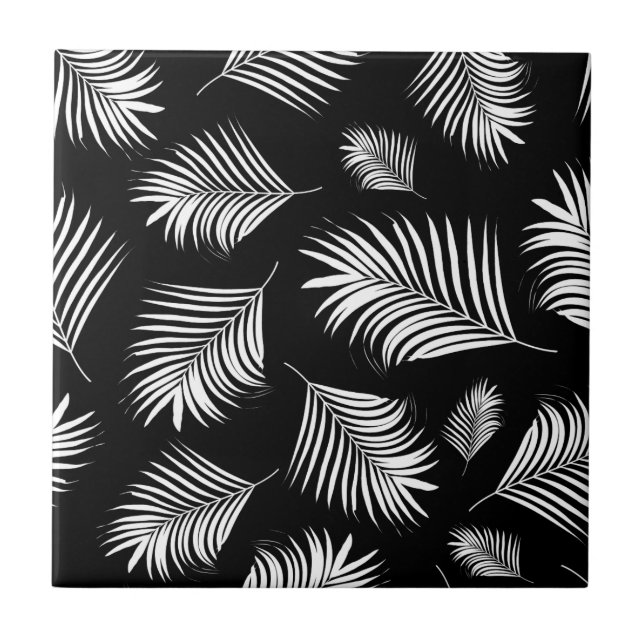 Carreau Motif tropical blanc noir en feuille de palmier (Devant)