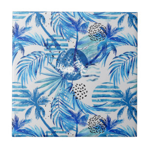 Carreau Motif tropical bleu lumineux d'aquarelle