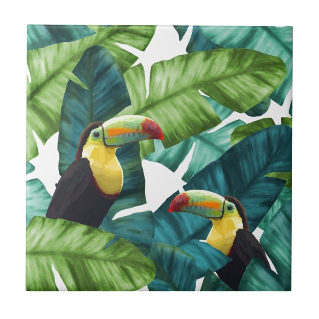 Carreau Motif tropical de feuille de banane de toucans (Devant)