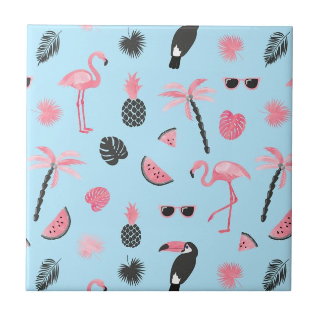 Carreau Motif tropical d'été rose et bleu (Devant)