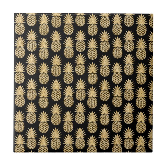 Carreau Motif tropical élégant d'ananas de noir et d'or (Devant)