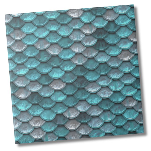 Carreau Motif Turquoise métallique (Metallic Silver Light Teal Mermaid Scales Pattern Ceramic Tile)