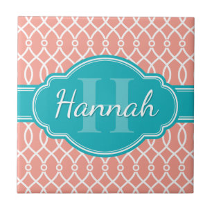 Carreau Motif Turquoise Monogramme rose blanc élégant