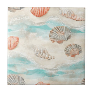 Carreau Motif Vagues Aqua et Coquillages de Récif Corallie