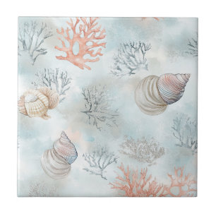 Carreau Motif Vagues Aqua et Coquillages de Récif de Corai