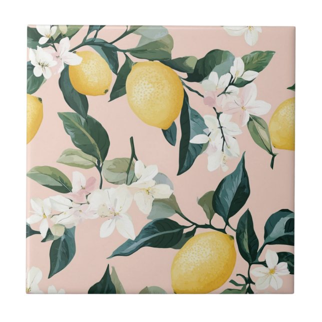 Carreau Motif vintage citron et fleur sur rose (Devant)