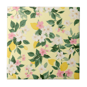 Carreau Motif vintage citron et fleurs sur jaune