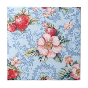 Carreau Motif vintage de fraises et fleurs