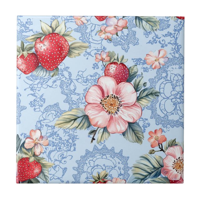 Carreau Motif vintage de fraises et fleurs (Devant)