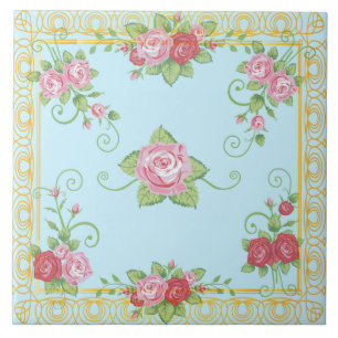 Carreau Motif vintage de tuile d'or bleu assez vieil de