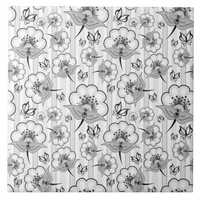 Carreau Motifs de fleurs sans couture blancs noirs mignons (Devant)