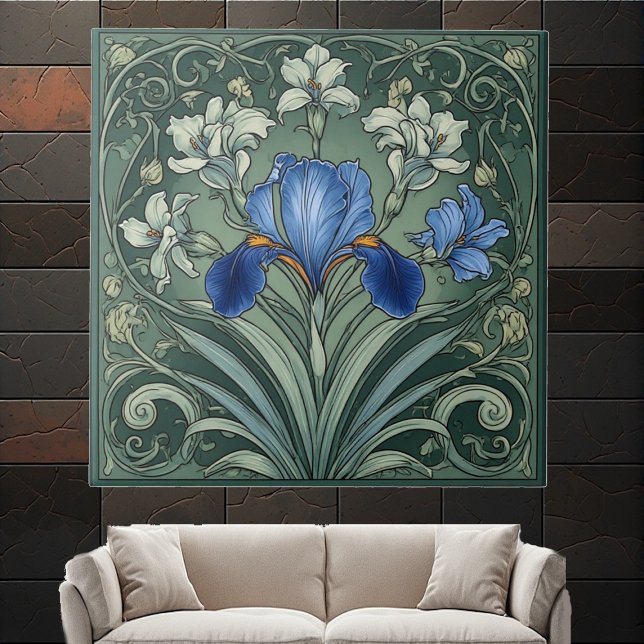 Carreau Motifs floraux Art Déco Iris Bleu Bloom Botanique (Art Deco Blue Iris Bloom Floral Motifs Botanical Ceramic Tile)