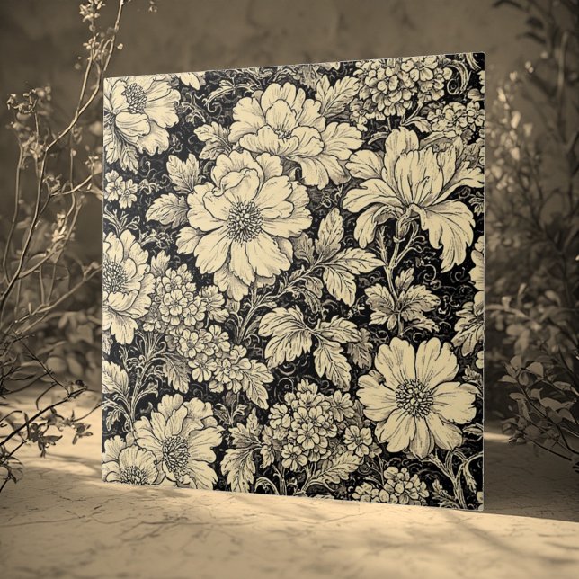 Carreau Motifs Floraux de Campagne Rustiques Monochromes e (Rustic Country Floral Motifs Monochrome Distressed Ceramic Tile)