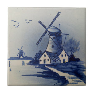Carreau Moulin à vent bleu blanc de Delft vintage