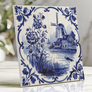 Carreau Moulin à vent et floral traditionnel de Delft