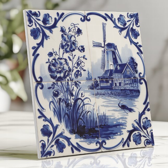 Carreau Moulin à vent et floral traditionnel Delftware (Créateur téléchargé)