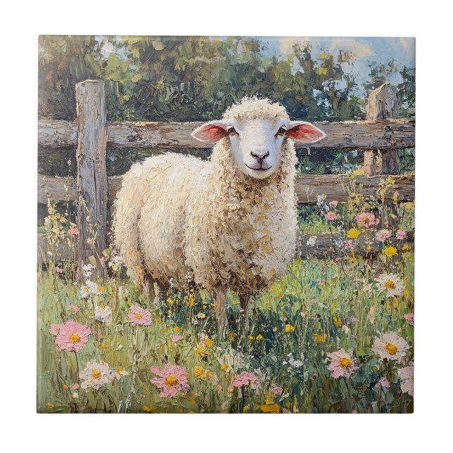 Carreau Moutons de printemps avec peinture Fleur sauvage (Devant)