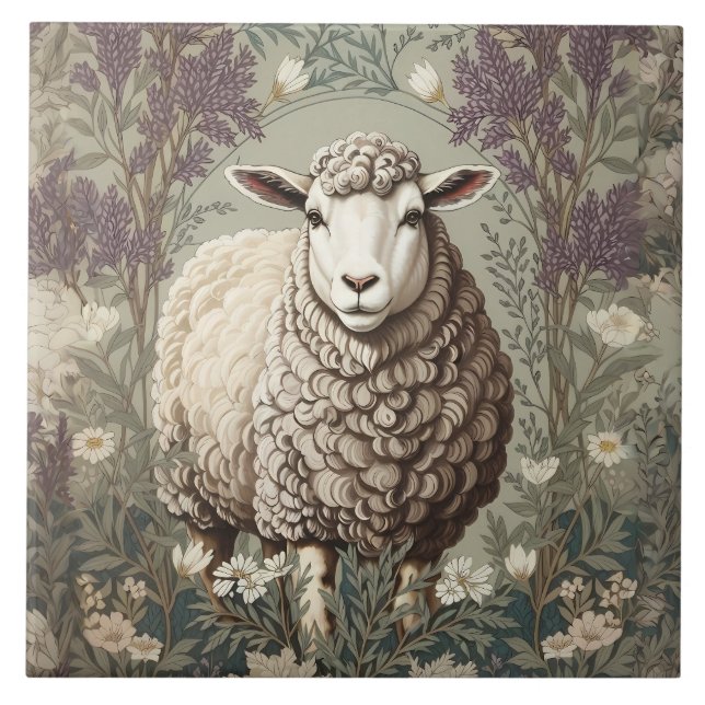 Carreau Moutons Élégants Fond de Fleur de Lavande (Devant)