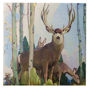 Carreau « Mule Deer Buck et Doe » par W Herbert Dunton