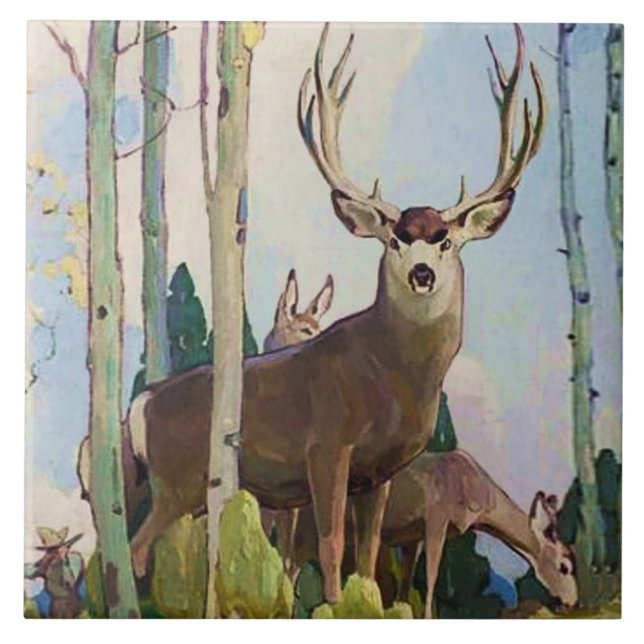 Carreau « Mule Deer Buck et Doe » par W Herbert Dunton (Devant)