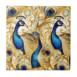 Carreau Murale artistique oiseau paon or bleu blanc