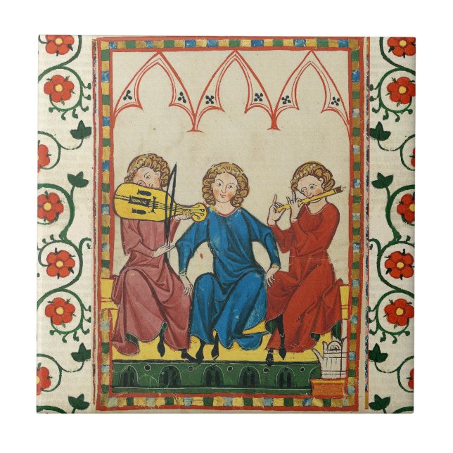 CARREAU MUSIQUE MÉDIÉVALE ET MUSICIENS, MINIATURE ANTIQUE (Devant)