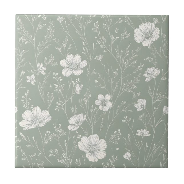 Carreau Muted Sage Green And White Wildflower Pattern (Devant)