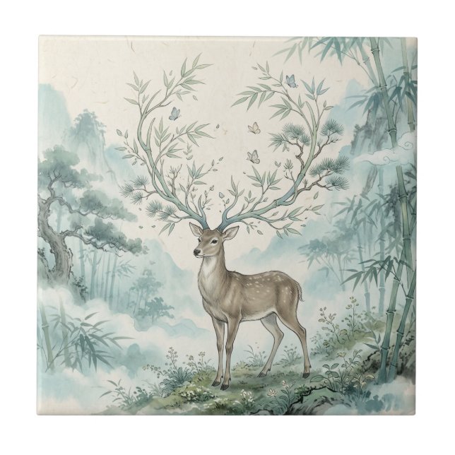Carreau Mystical Deer Forest Watercolor Art (Devant)
