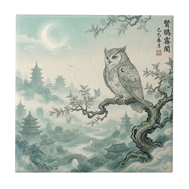 Carreau Mystical Owl Moon Landscape Art (Devant)