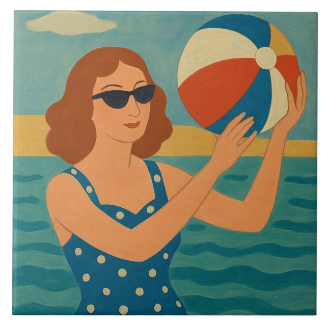 Carreau Nageur vintage avec ballon de plage (Devant)