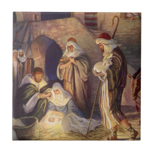 Carreau Nativité de Noël Vintage, 3 Bergers et Jésus