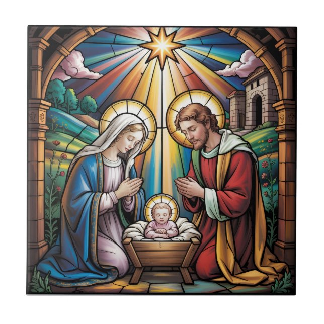 Carreau Nativity Stained Glass Art – Holy Family Christmas (Devant)