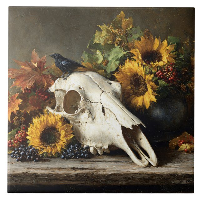 Carreau Nature morte d'automne avec crâne et corbeau (Devant)