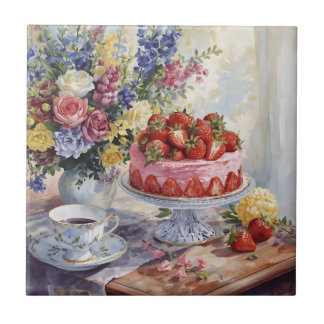 Carreau Nature morte gâteau aux fraises et fleurs à l'aqua