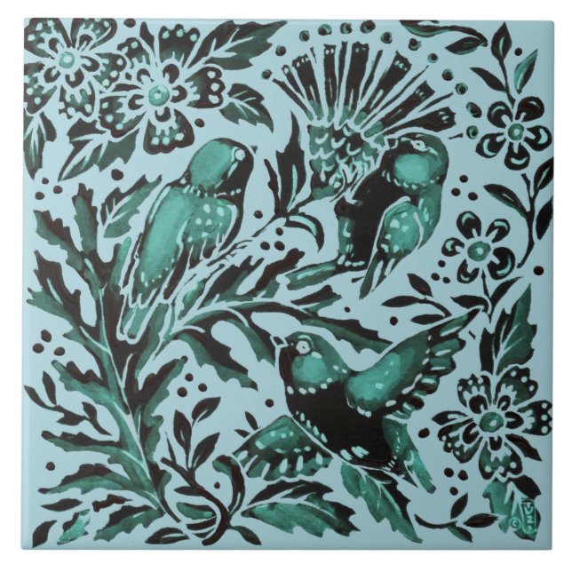 Carreau Nature Turquoise Bue Oiseaux & Fleurs Aqua Green P (Devant)
