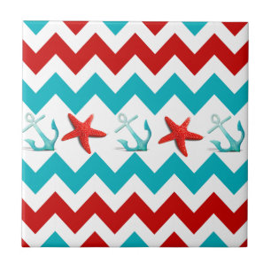 Carreau Nautical Beach Rouge Turquoise Chevron Ancres Star