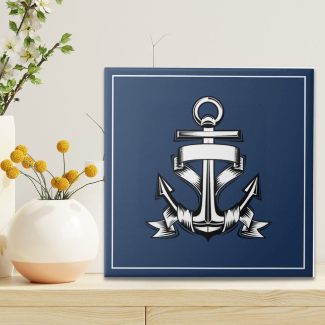 Carreau Nautical Ocean Beach House Marine Blue Ship Ancre (Nautical Ocean Beach House Navy Blue Ship Anchor Ceramic Tile)