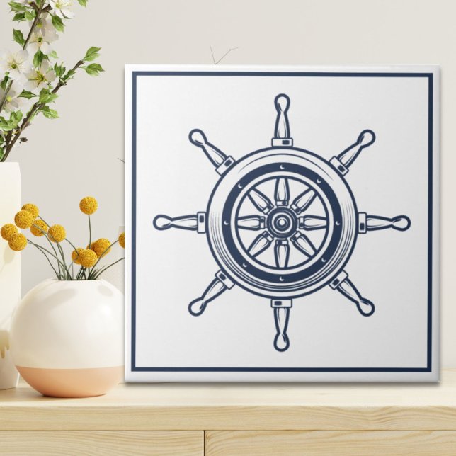 Carreau Nautique Côte Blue Beach Maison Bateau Bateau Bate (Nautical Coastal Blue Beach House Boat Ship Wheel Ceramic Tile)