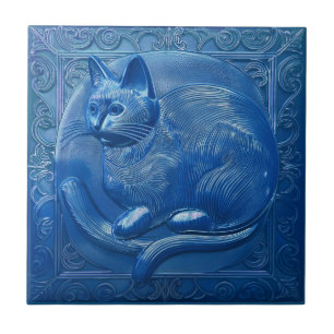 Carreau Navy Blue faux relief Art Nouveau Chat