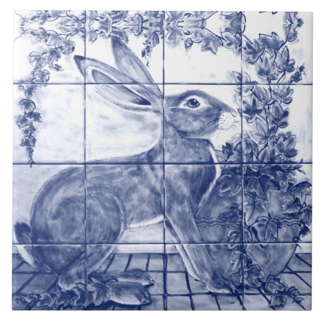 Carreau Navy Blue White Rabbit Hare Ivy Mural (Devant)