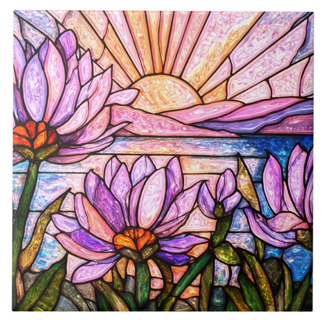Carreau Nénuphar à l'eau violette Faux Vitrail Soleil leva (Devant)