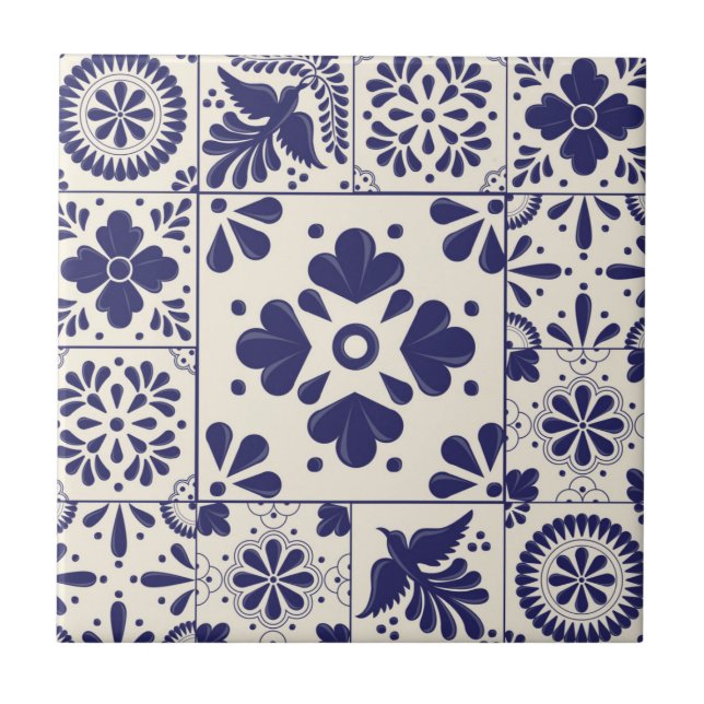 Carreau Nile Blue Mexicain Traditionnel Floral Talavera  (Devant)