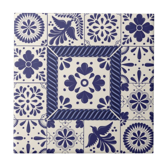 Carreau Nile Blue Mexicain Traditionnel Oiseaux Talavera  (Devant)