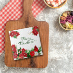 Carreau Noël cardinal rouge Poinsettia<br><div class="desc">Cet élégant carrelage en céramique Holiday présente une bordure inférieure de poinsettia rouge, saint, verdure et ornement doré. À une extrémité se trouve un cardinal rouge perché sur une fleur blanche de poinsettia. Chaque coin supérieur a un bouquet de poinsettia rouge plus petit, et "Joyeux Noël" est en texte vert...</div>